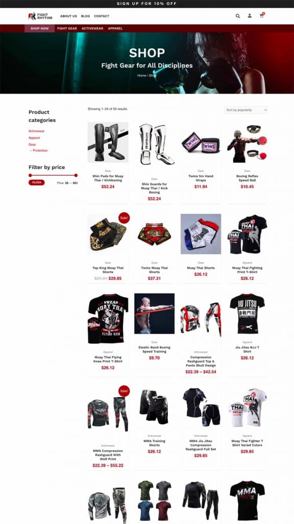 The Fight Rhythm shop page, showing the product grid.