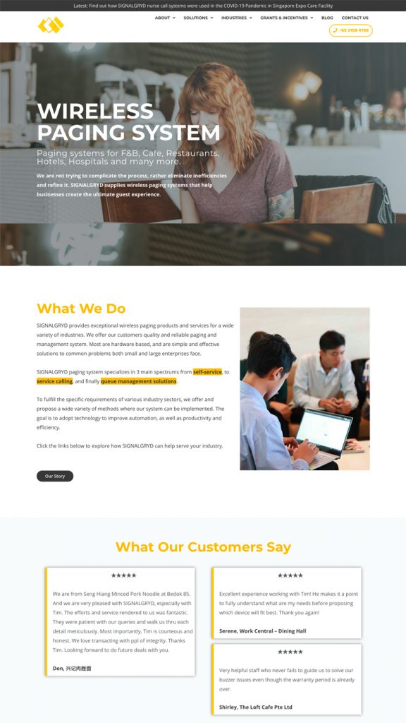 The SIGNALGRYD homepage, leading with the wireless paging system.